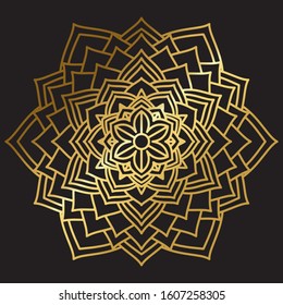 Abstract Petals Leaf Mandala Gold Line On Black Background. Vector Illustration