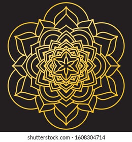 Abstract Petals Leaf Mandala Gold Line On Black Background. Vector Illustration