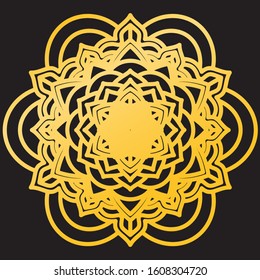 Abstract Petals Leaf Mandala Gold Line On Black Background. Vector Illustration