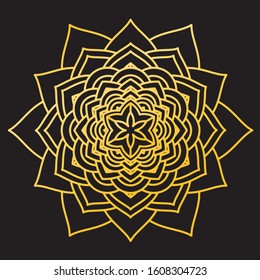 Abstract Petals Leaf Mandala Gold Line On Black Background. Vector Illustration