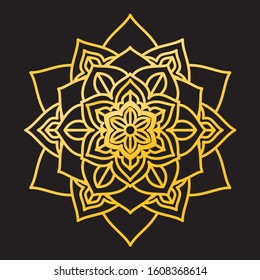 Abstract Petals Leaf Mandala Gold Line On Black Background. Vector Illustration