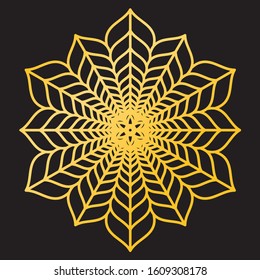 Abstract Petals Leaf Mandala Gold Line On Black Background. Vector Illustration