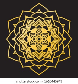 Abstract Petals Leaf Mandala Gold Line On Black Background. Vector Illustration