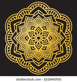 Abstract Petals Leaf Mandala Gold Line On Black Background. Vector Illustration