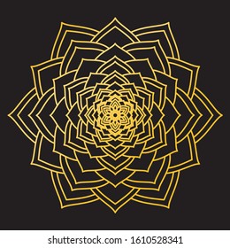 Abstract Petals Leaf Mandala Gold Line On Black Background. Vector Illustration