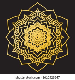 Abstract Petals Leaf Mandala Gold Line On Black Background. Vector Illustration