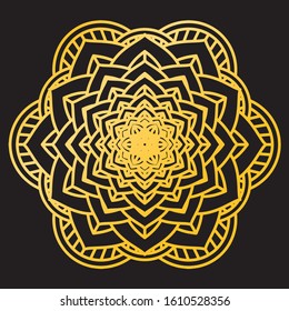 Abstract Petals Leaf Mandala Gold Line On Black Background. Vector Illustration