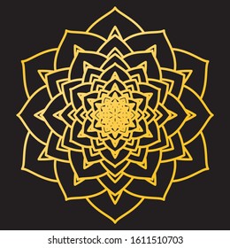 Abstract Petals Leaf Mandala Gold Line On Black Background. Vector Illustration