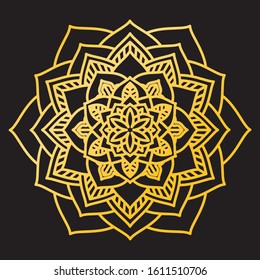 Abstract Petals Leaf Mandala Gold Line On Black Background. Vector Illustration