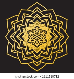Abstract Petals Leaf Mandala Gold Line On Black Background. Vector Illustration