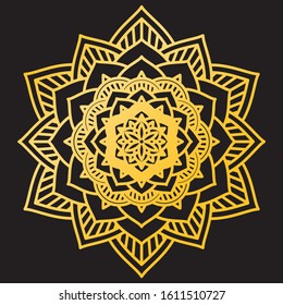 Abstract Petals Leaf Mandala Gold Line On Black Background. Vector Illustration