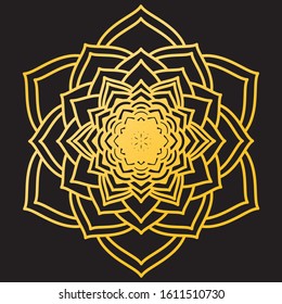 Abstract Petals Leaf Mandala Gold Line On Black Background. Vector Illustration