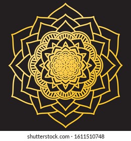 Abstract Petals Leaf Mandala Gold Line On Black Background. Vector Illustration