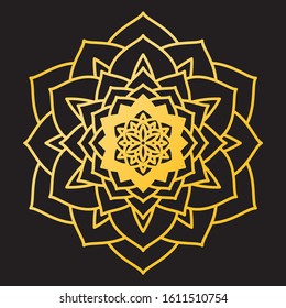 Abstract Petals Leaf Mandala Gold Line On Black Background. Vector Illustration