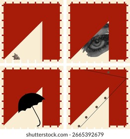 Una composición filosófica abstracta de cuadrados rojos y triángulos beige con dibujos con diferentes sentimientos emocionales en un estilo retro.