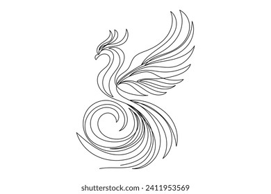 Abstraktes Phoenix Outline Bird Curve Portrait. Silhouette-Logo mit einer Linie gezeichnet Phoenix Fantasy Bird Sketch Silhouette. Zeilentechtes, bearbeitbares Magic-Mascot-Vogelportrait einzeln auf weißem Hintergrund