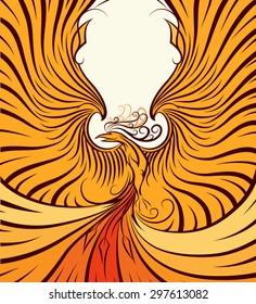 Abstract Phoenix with upraised wings. Poster style. No gradients.