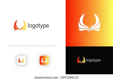 Abstract phoenix wing logo with flowing, fiery lines symbolizing power, transformation, rebirth. Ideal for technology, startups, consulting, leadership, security branding. Vector logo. 