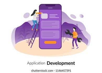Abstract phone purple illustration with people building mobile app 