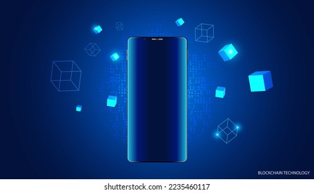 Resumen del teléfono y el concepto de caja cuadrada Tecnología digital Futurista moderna Criptodivisa Red de conexión de cadena de bloqueo en fondo azul