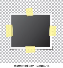 Abstract photo frame fixed by sticky tape isolated on transparent background. Photograph mockup template with blank space for your image. Detailed vector eps10 illustration with transparency.