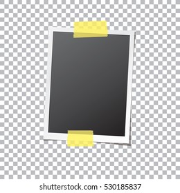 Abstract photo frame fixed by sticky tape isolated on transparent background. Photograph mockup template with blank space for your image. Detailed vector eps10 illustration with transparency.