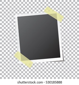 Abstract photo frame fixed by sticky tape isolated on transparent background. Photograph mockup template with blank space for your image. Detailed vector eps10 illustration with transparency.