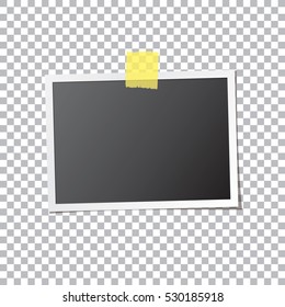 Abstract photo frame fixed by sticky tape isolated on transparent background. Photograph mockup template with blank space for your image. Detailed vector eps10 illustration with transparency.