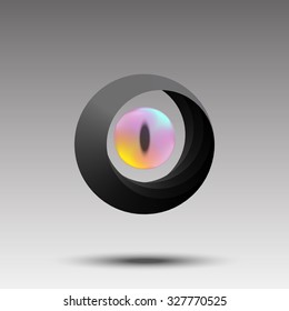 Abstract photographer logo eye concept. Camera shutter in eyeball lens. Rainbow vision logotype.