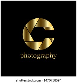 Abstract photography logo, with golden aperture design concept, letter c, logo typo, emblem icon, flat logotype element for template.