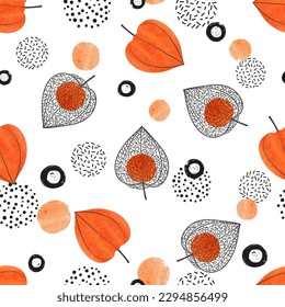 Abstract physalis pattern with flowers and berries. Seamless winter cherry texture