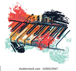 Teclado de piano abstracto en forma de boceto acuático. Colorido estilo grunge dibujado a mano para banner, tarjeta, pantalones, tatuaje, impresión, afiche. Ilustración del vector