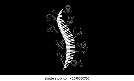 Abstract Piano Keys Music Keyboard Instrument With Plants Brunch Botanical Doodle Outline Melt Song Melody Vector Design Style