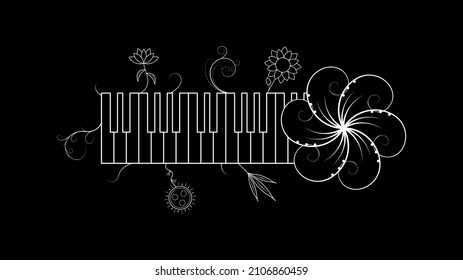 Abstract Piano Keys Music Keyboard Instrument With Plants Brunch Botanical Doodle Outline Melt Song Melody Vector Design Style