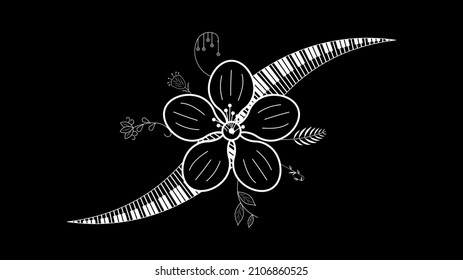 Abstract Piano Keys Music Keyboard Instrument With Plants Brunch Botanical Doodle Outline Melt Song Melody Vector Design Style