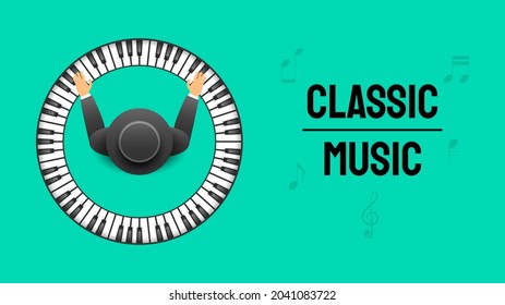 Abstract Piano Keys With Notes And Playing Man Music Keyboard Instrument Doodle Outline Melt Song Melody Vector Design Style