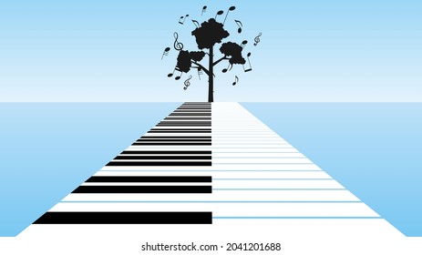 Abstract Piano Keys With Tree Notes Music Keyboard Instrument Doodle Outline Melt Song Melody Vector Design Style
