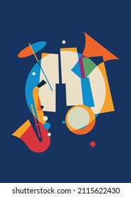 Un piano abstracto con saxofón. Diseño de afiches de jazz.