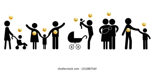 Abstract pictograms showing figures happy family, group or team with emoticons
