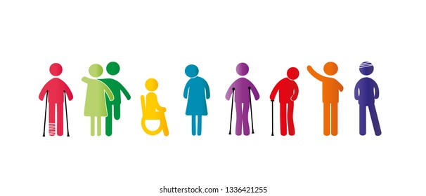 Abstract pictograms showing figures mentally and physically disabled with good and happy emoticons
