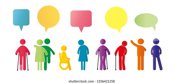Abstract pictograms showing figures mentally and physically disabled with good and happy emoticons
