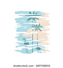 Abstract picture beautiful seascape with a palm trees and flamingos.Typography for printing T-shirts, vector illustration.