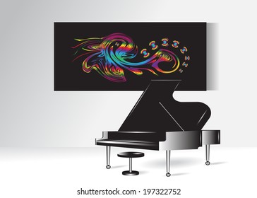 Abstract picture with butterflies and a piano.