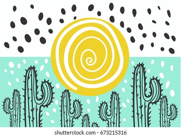 Abstract picture with cactus and sun