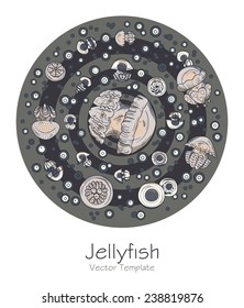Abstract picture with cartoon jellyfish. Striped background. Can be used as postcard,  illustration