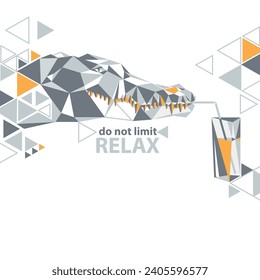 Abstract picture. The crocodile is resting, smiling and drinking a cocktail. Under the drawing is the inscription: " do not limit relax"