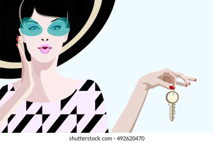 Abstract picture of fashionable women when buying an apartment, she is happy and holds a key in her hand on a blue background for free text, color vector design print, pattern mortgages