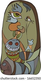 Abstract picture with fish an eye and the person