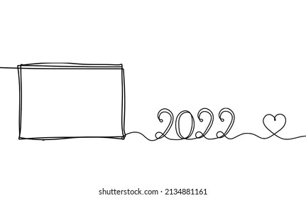 Abstract picture frame with 2022 as continuous lines drawing on white background. Vector