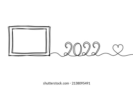 Abstract picture frame with 2022 as continuous lines drawing on white background. Vector